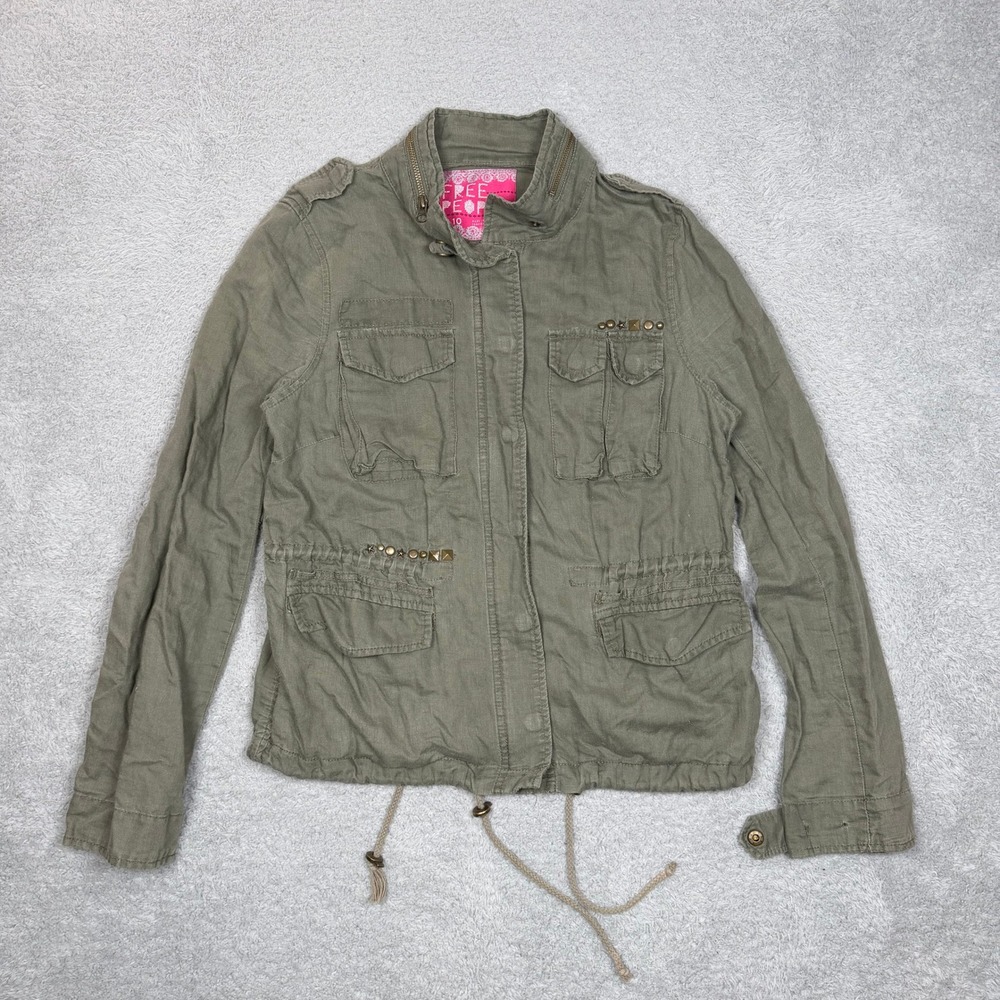 Free People Women Olive Green Utility Field Jacket‎ Studded Linen Cotton Size 10